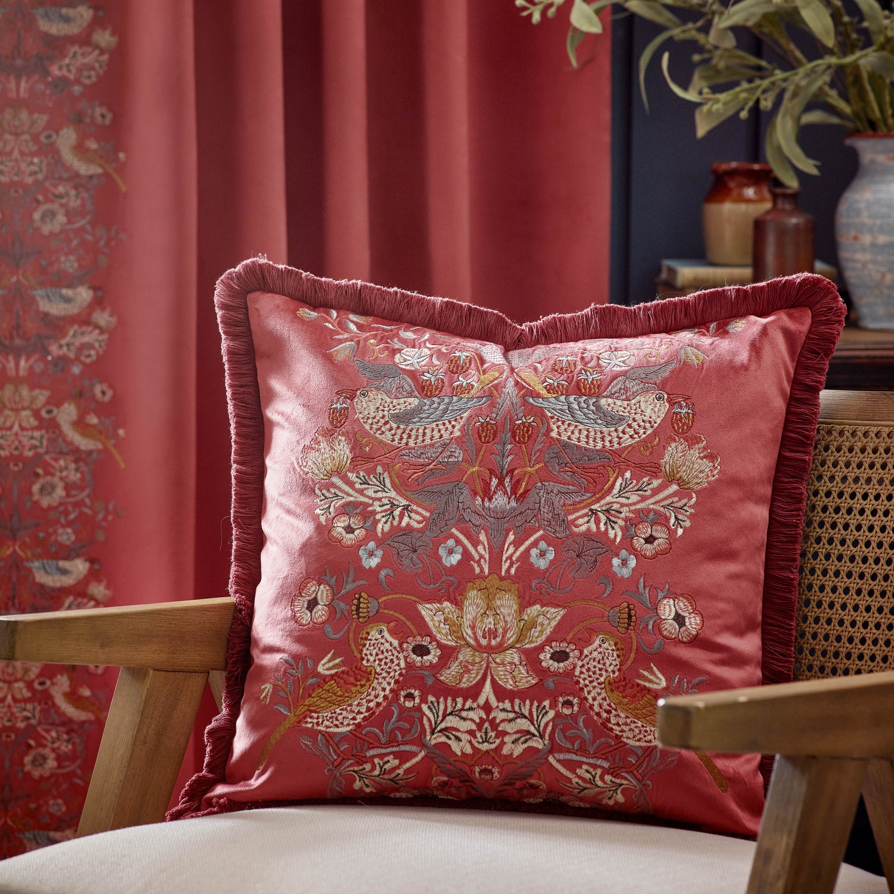 Morris & Co. Strawberry Thief Embroidered Velvet 50cm x 50cm Filled Cushion Berry