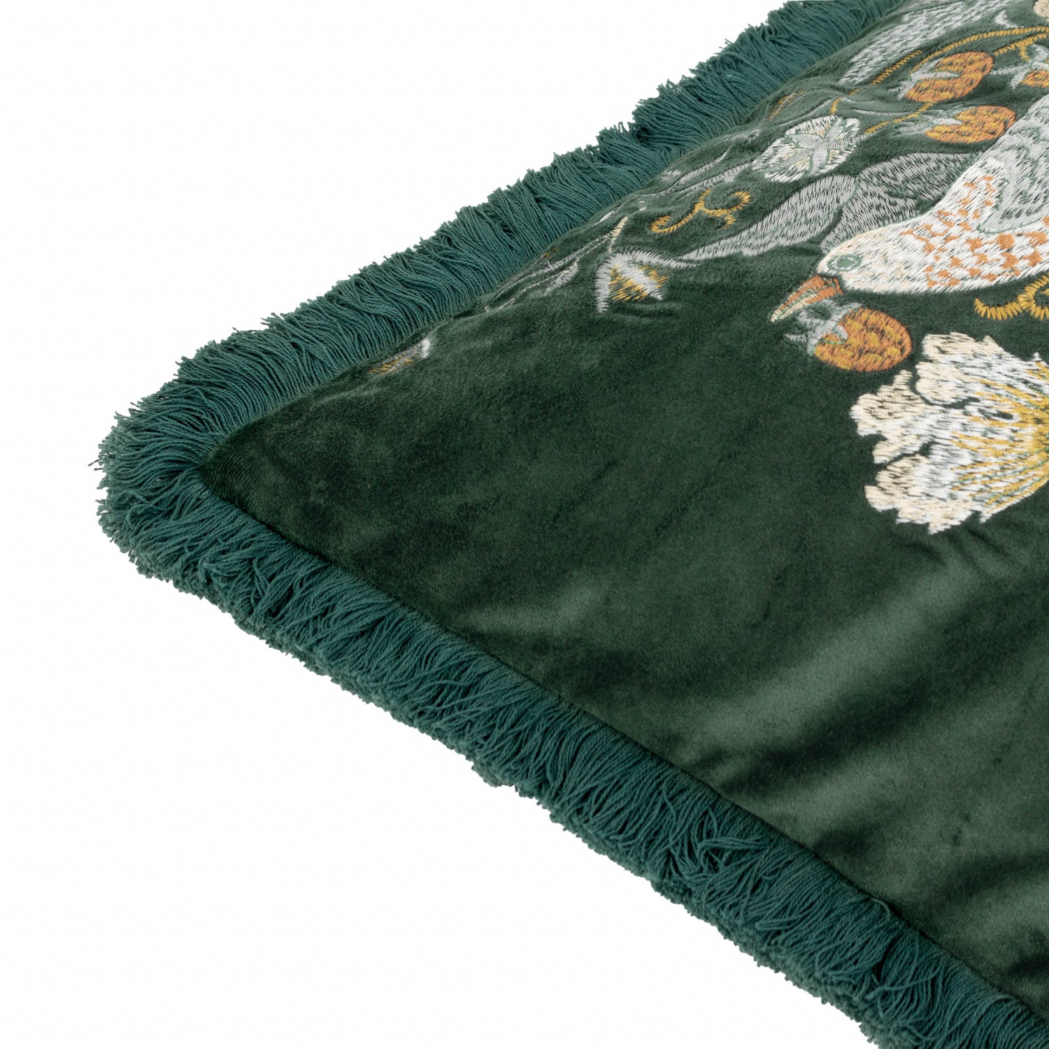 Morris & Co. Strawberry Thief Embroidered Velvet 50cm x 50cm Filled Cushion Green