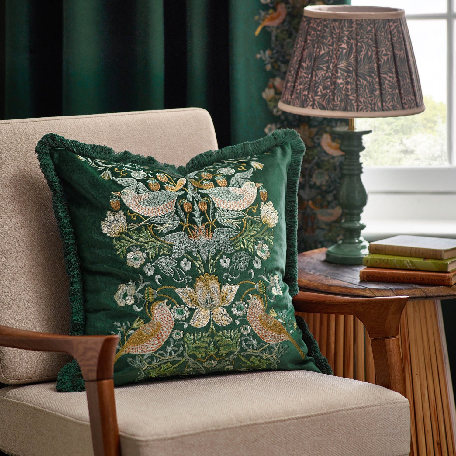Morris & Co. Strawberry Thief Embroidered Velvet 50cm x 50cm Filled Cushion Green