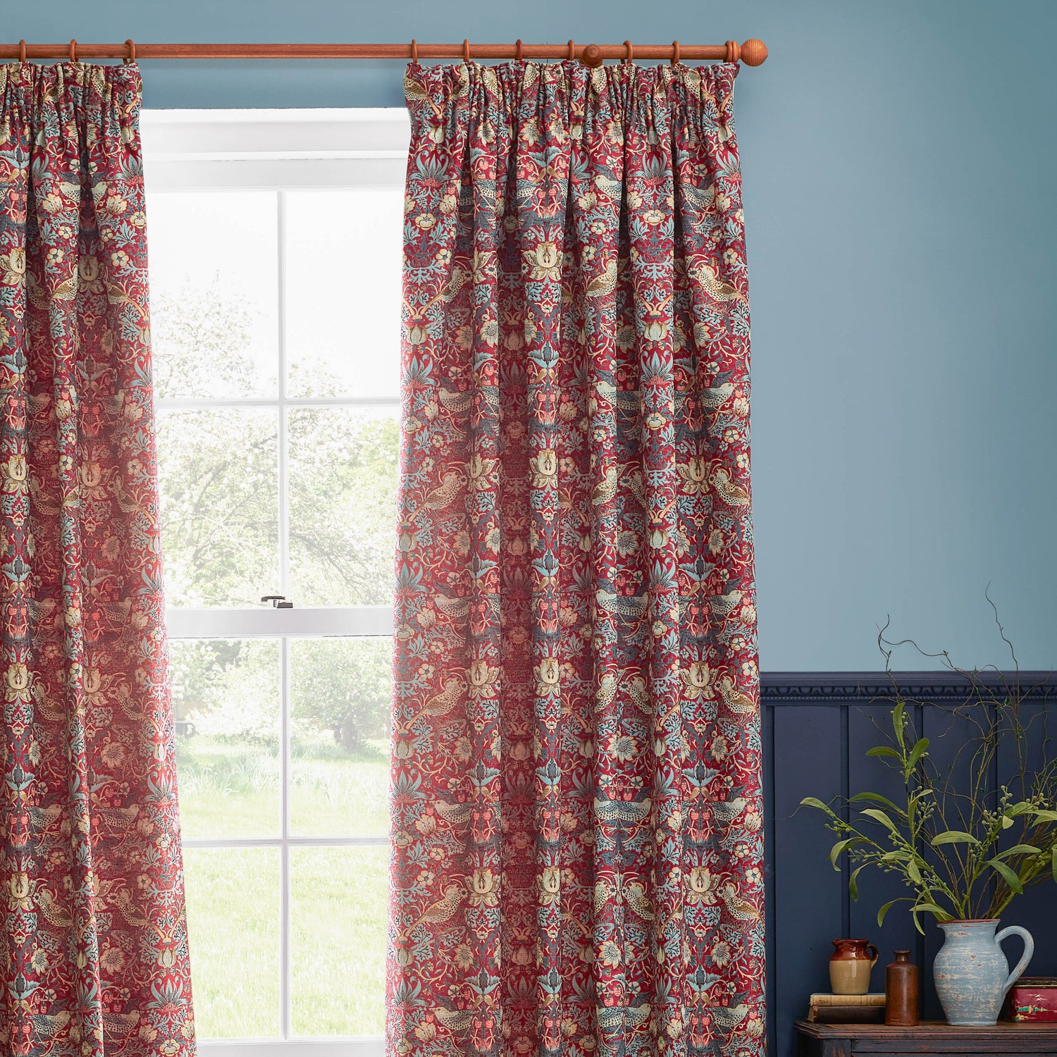 Morris & Co. Strawberry Thief Jacquard Floral Ready Made Pencil Pleat Curtains Berry