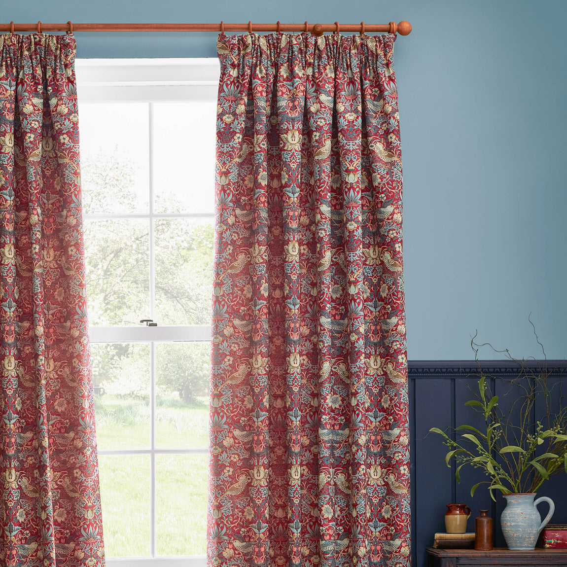 Morris & Co. Strawberry Thief Jacquard Floral Ready Made Pencil Pleat Curtains Berry