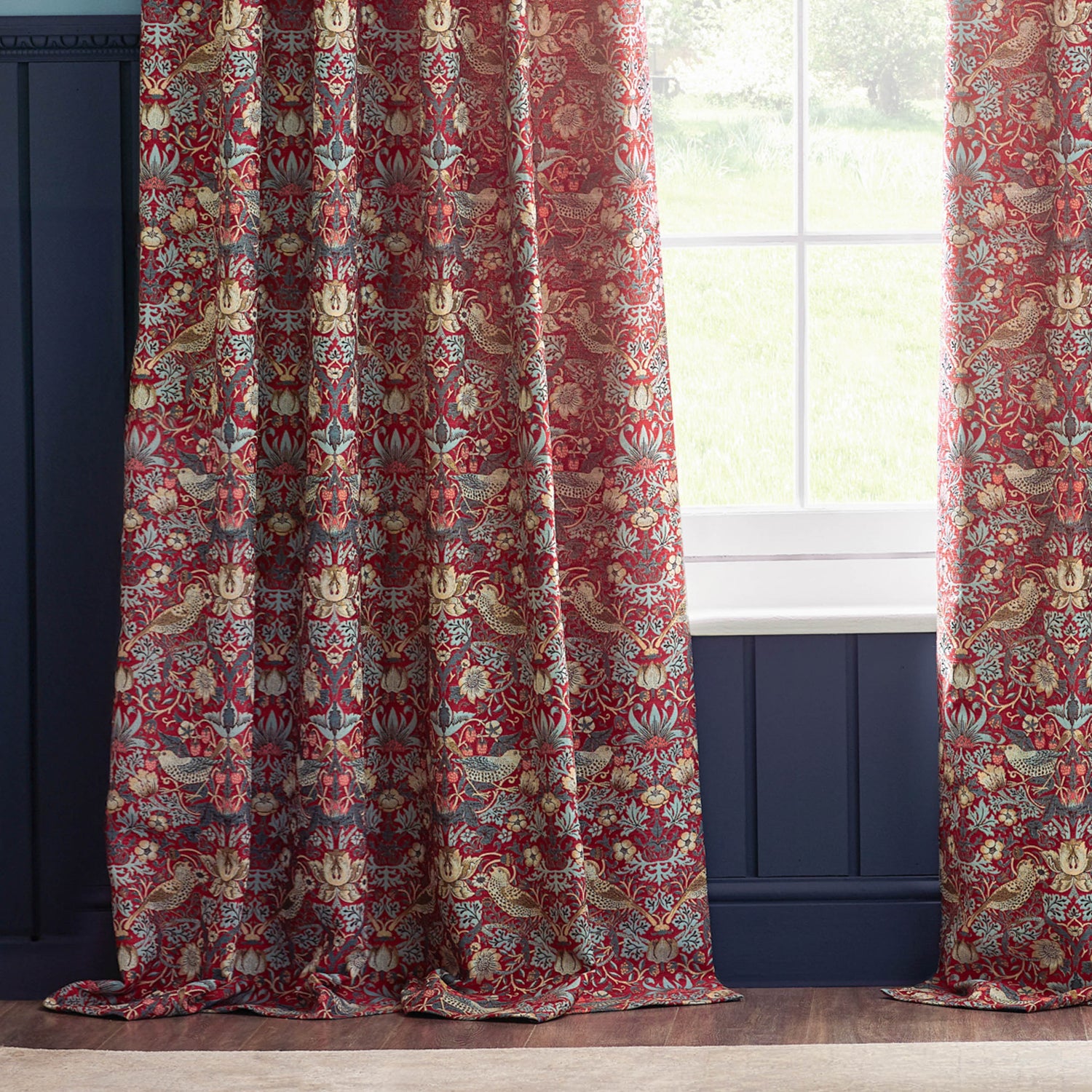 Morris & Co. Strawberry Thief Jacquard Floral Ready Made Pencil Pleat Curtains Berry