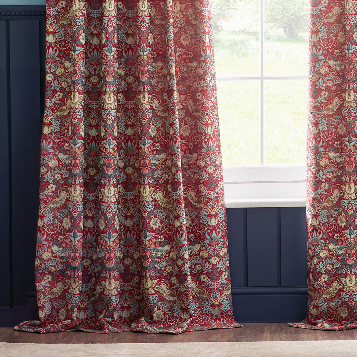 Morris & Co. Strawberry Thief Jacquard Floral Ready Made Pencil Pleat Curtains Berry