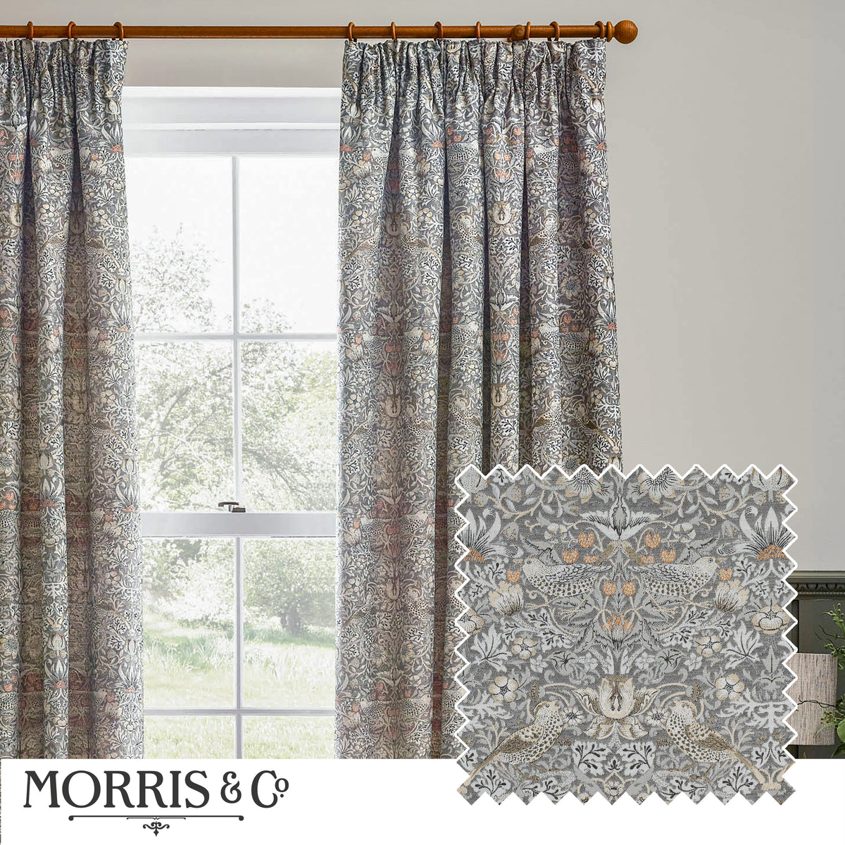Morris & Co. Strawberry Thief Jacquard Floral Ready Made Pencil Pleat Curtains Biscuit