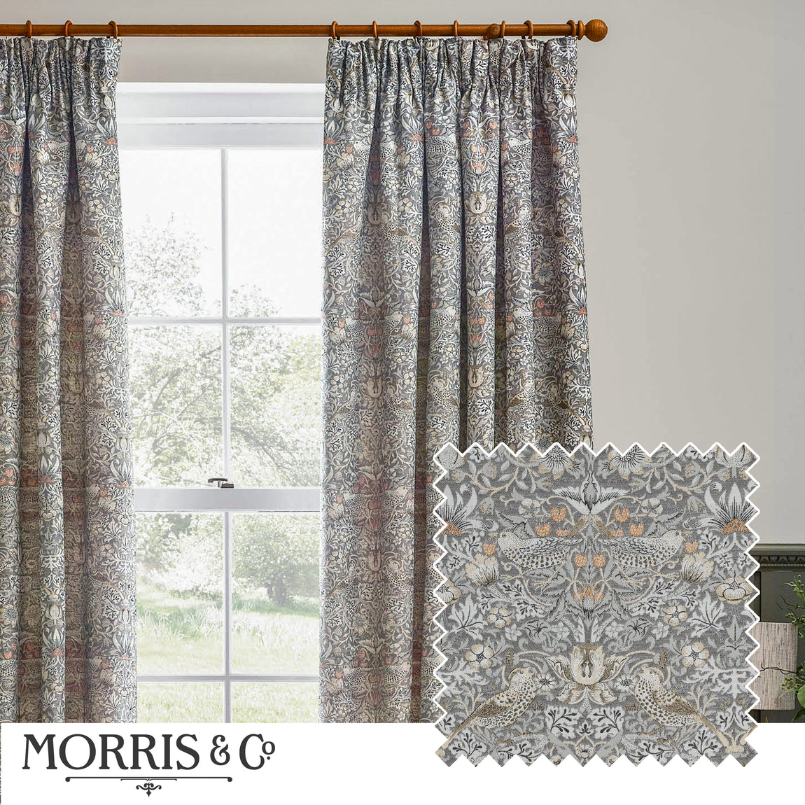 Morris & Co. Strawberry Thief Jacquard Floral Ready Made Pencil Pleat Curtains Biscuit