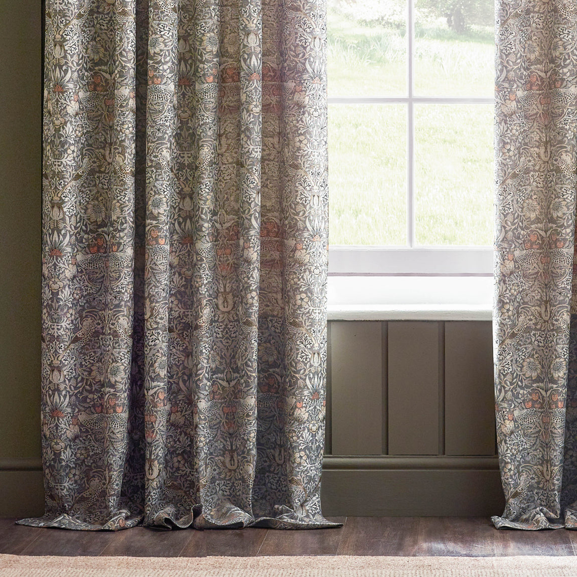 Morris & Co. Strawberry Thief Jacquard Floral Ready Made Pencil Pleat Curtains Biscuit