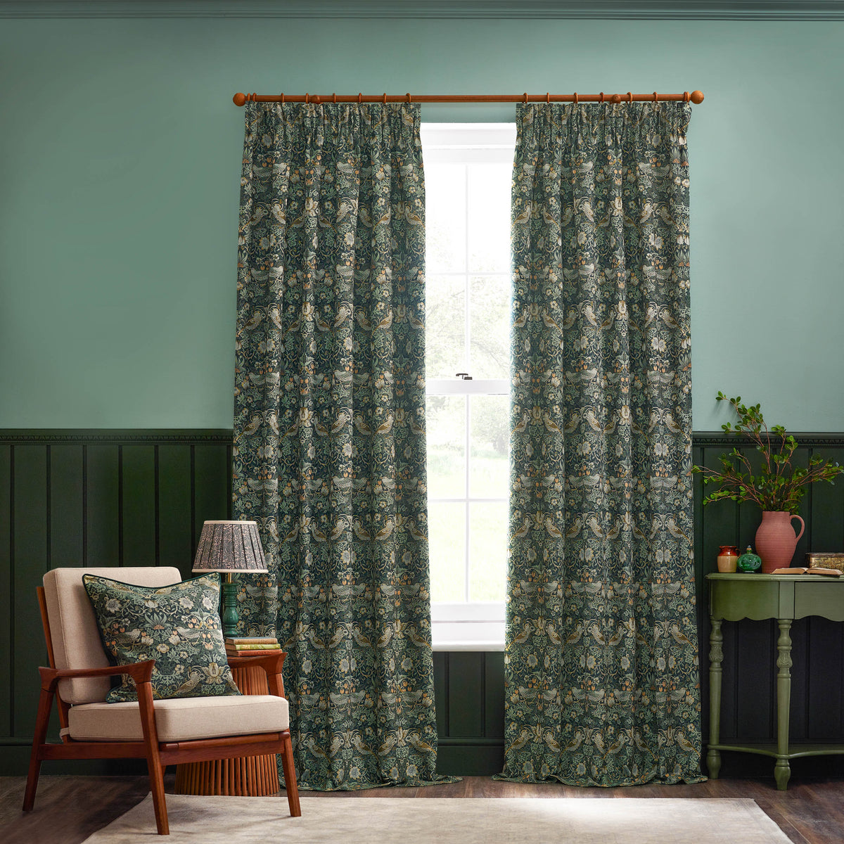 Morris & Co. Strawberry Thief Jacquard Floral Ready Made Pencil Pleat Curtains Forest Green