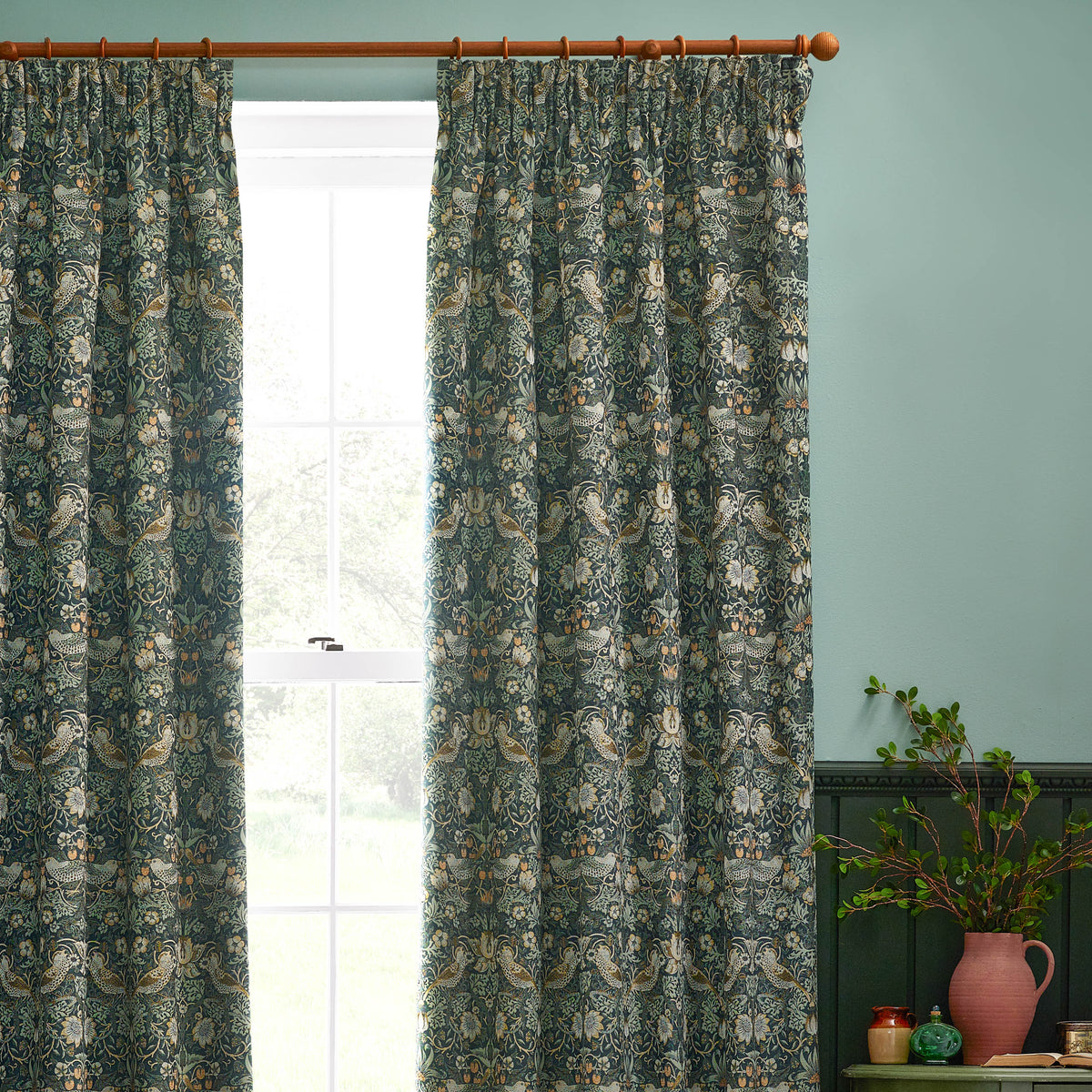 Morris & Co. Strawberry Thief Jacquard Floral Ready Made Pencil Pleat Curtains Forest Green