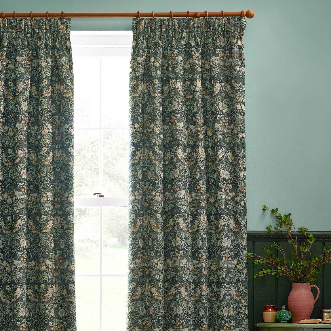 Morris & Co. Strawberry Thief Jacquard Floral Ready Made Pencil Pleat Curtains Forest Green