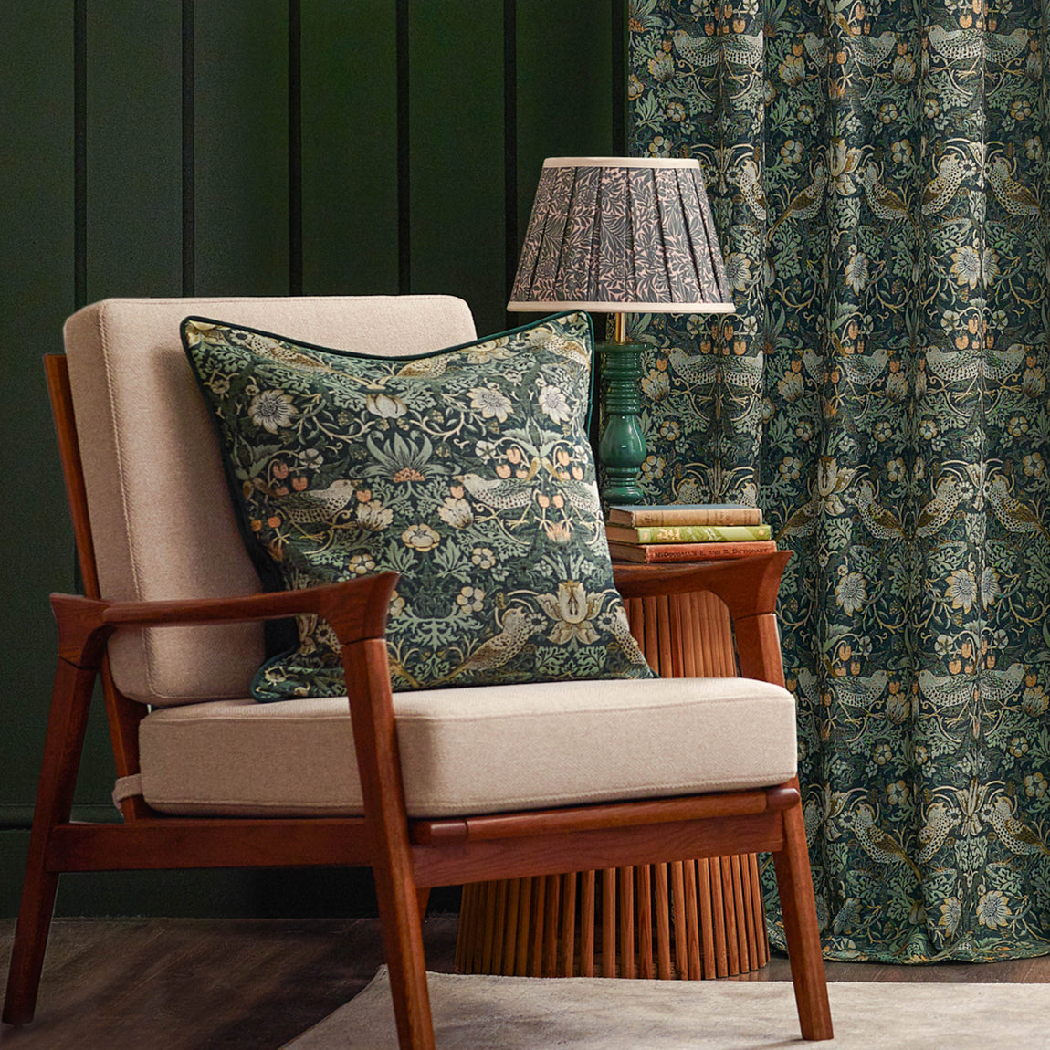 Morris & Co. Strawberry Thief Jacquard Floral Ready Made Pencil Pleat Curtains Forest Green