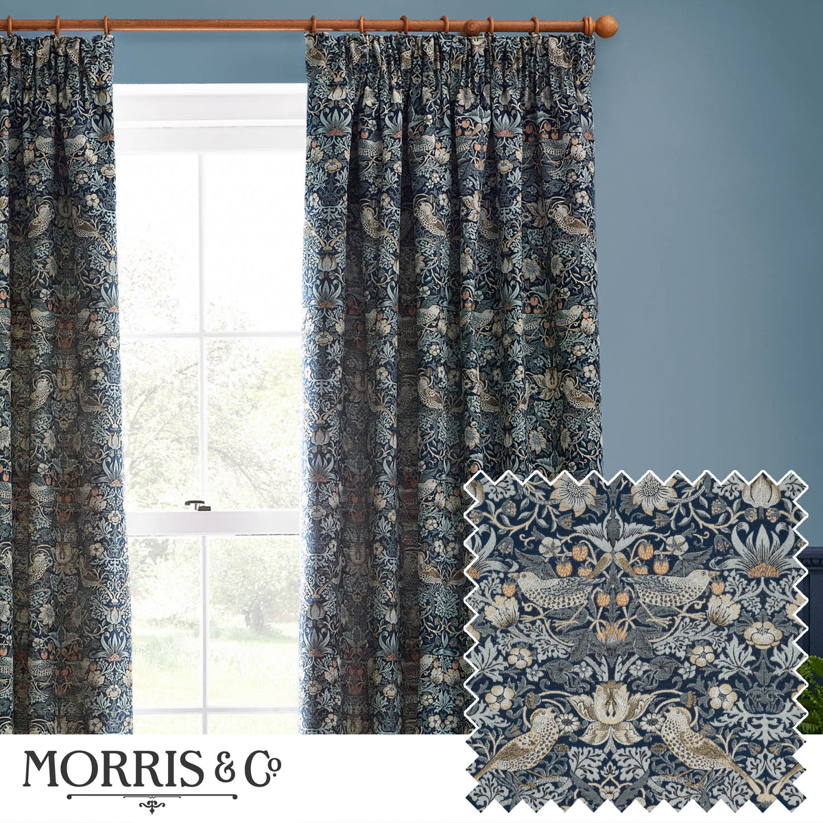 Morris & Co. Strawberry Thief Jacquard Floral Ready Made Pencil Pleat Curtains Indigo