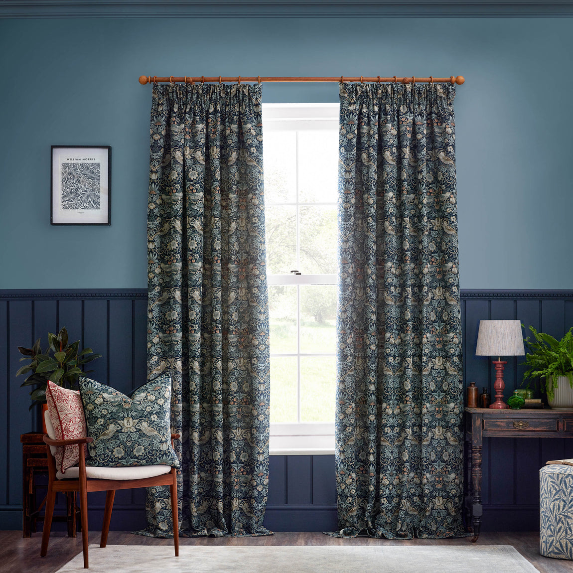 Morris & Co. Strawberry Thief Jacquard Floral Ready Made Pencil Pleat Curtains Indigo