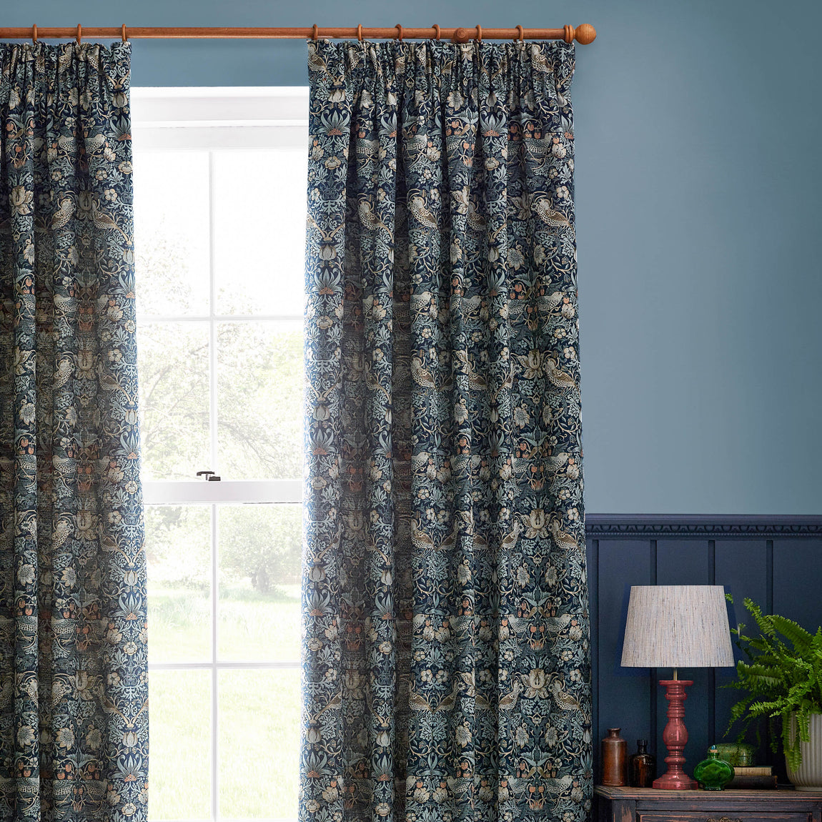 Morris & Co. Strawberry Thief Jacquard Floral Ready Made Pencil Pleat Curtains Indigo