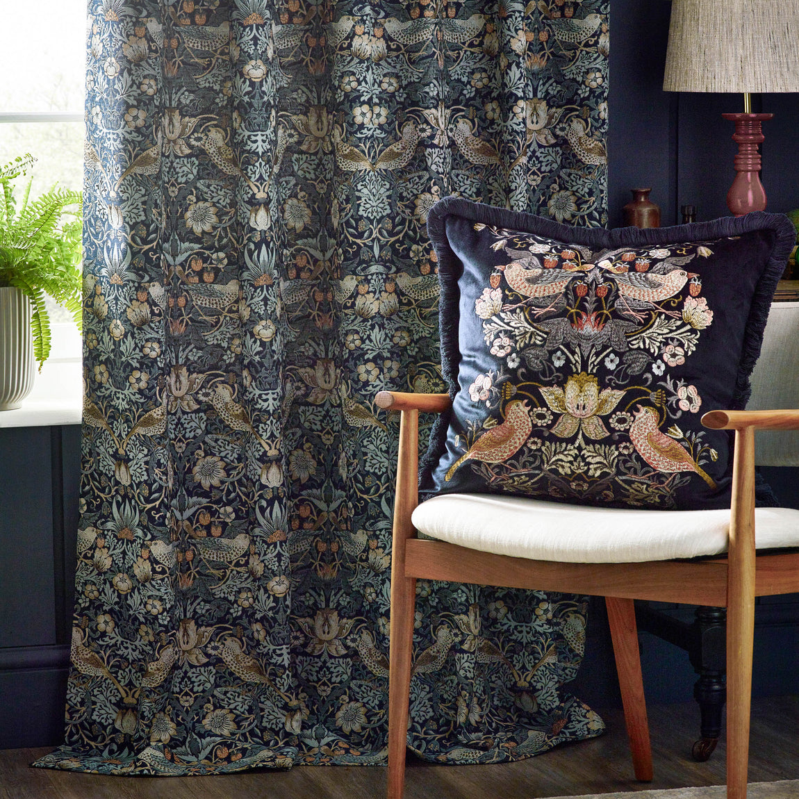 Morris & Co. Strawberry Thief Jacquard Floral Ready Made Pencil Pleat Curtains Indigo