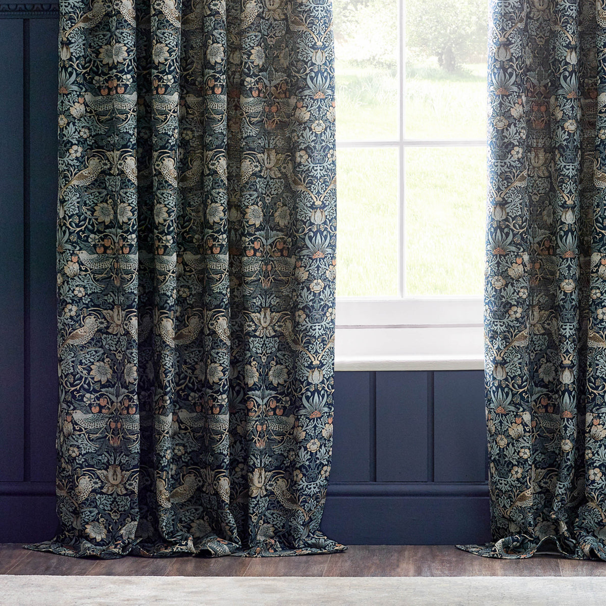 Morris & Co. Strawberry Thief Jacquard Floral Ready Made Pencil Pleat Curtains Indigo