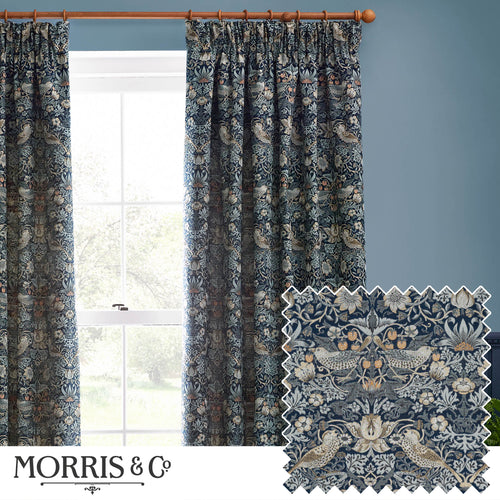 Morris & Co. Strawberry Thief Jacquard Floral Ready Made Pencil Pleat Curtains Indigo