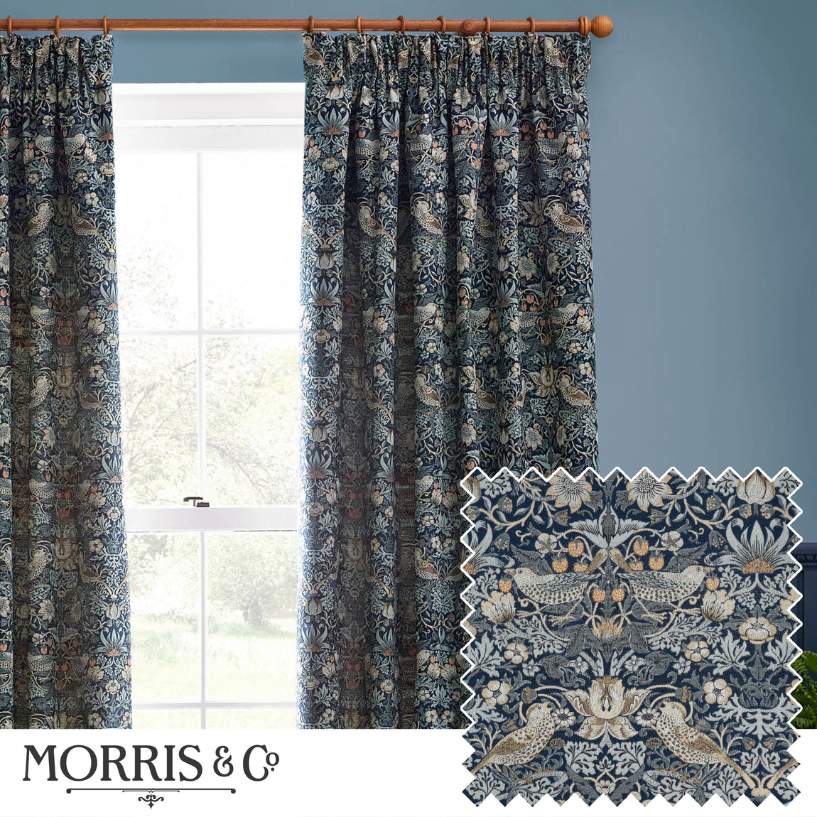 Morris & Co. Strawberry Thief Jacquard Floral Ready Made Pencil Pleat Curtains Indigo