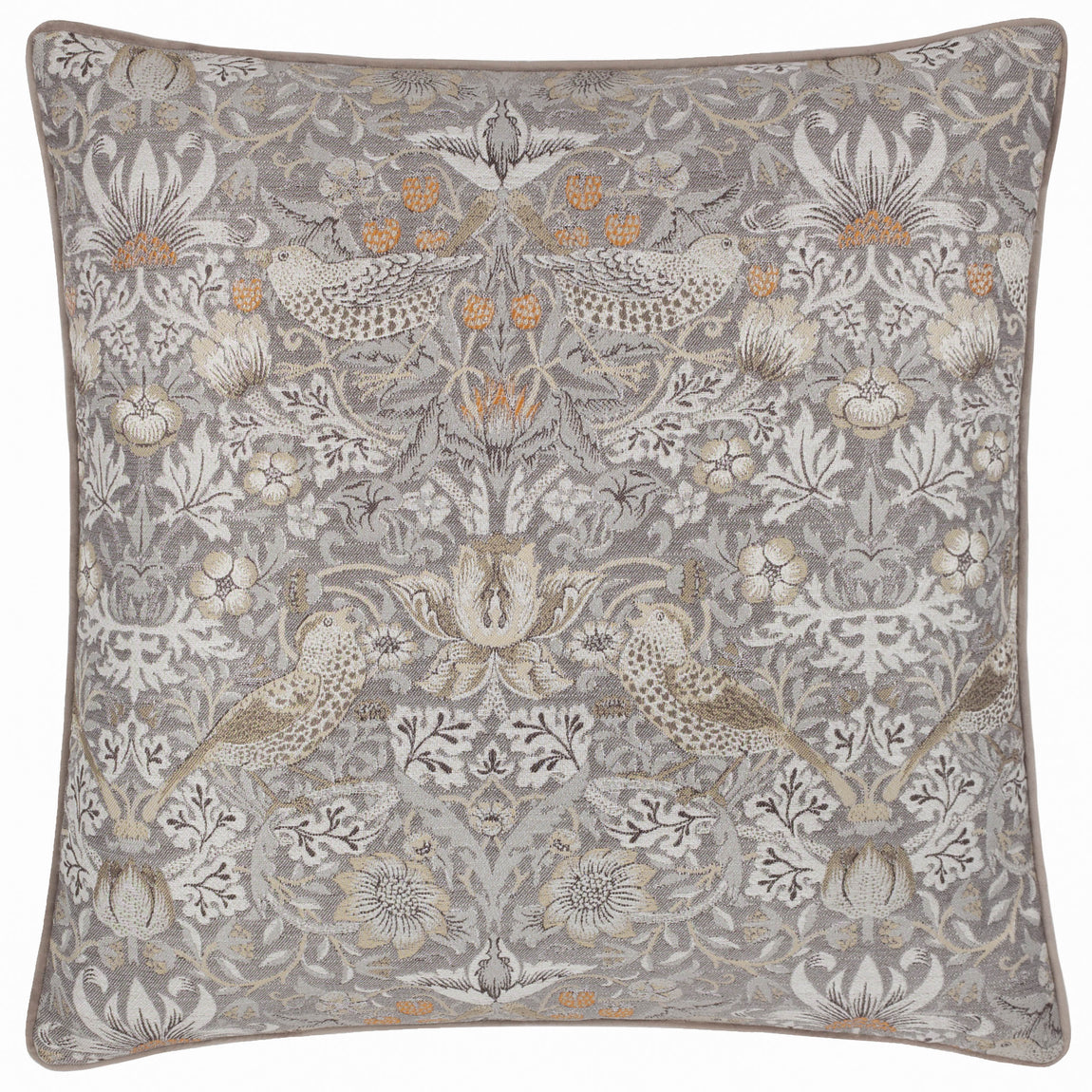 Morris & Co. Strawberry Thief Piped Jacquard 55cm x 55cm Filled Cushion Biscuit