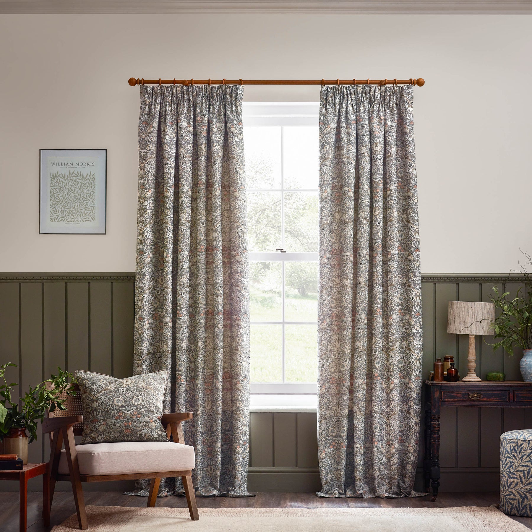 Morris & Co. Strawberry Thief Piped Jacquard 55cm x 55cm Filled Cushion Biscuit