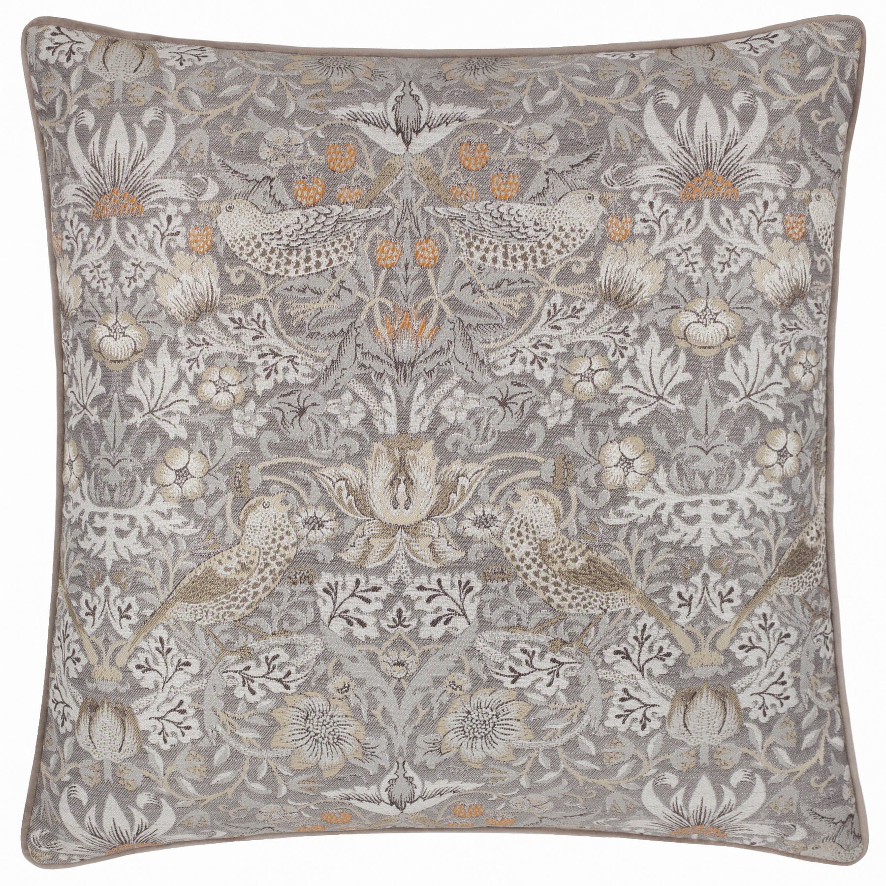 Morris & Co. Strawberry Thief Piped Jacquard 55cm x 55cm Filled Cushion Biscuit