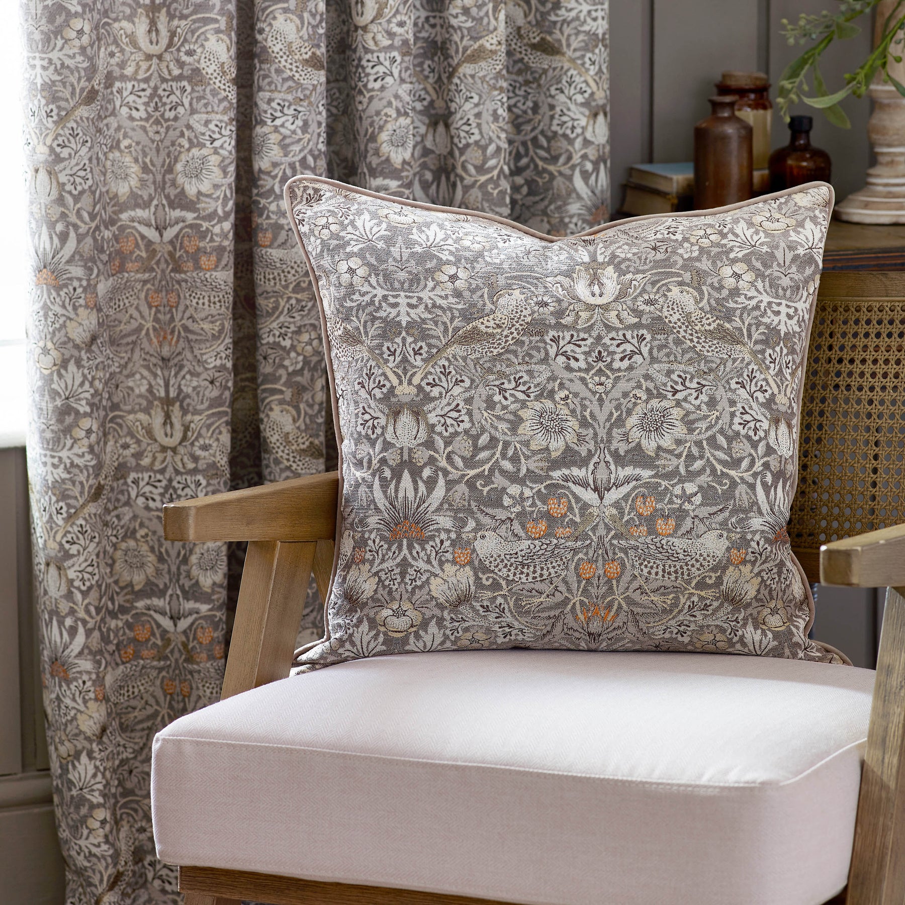 Morris & Co. Strawberry Thief Piped Jacquard 55cm x 55cm Filled Cushion Biscuit