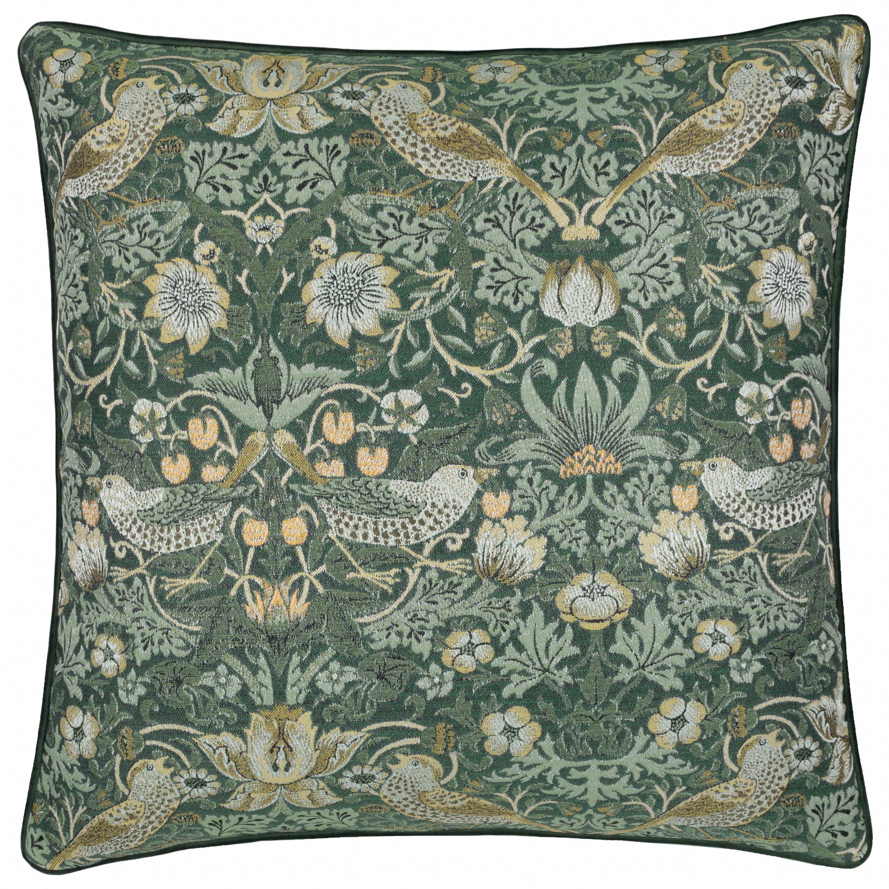 Morris & Co. Strawberry Thief Piped Jacquard 55cm x 55cm Filled Cushion Forest Green