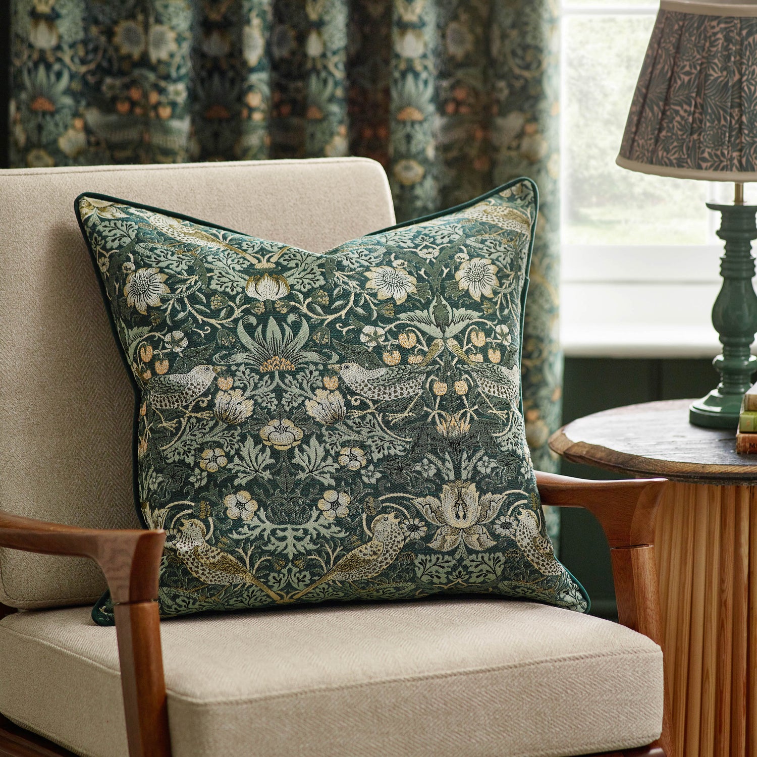 Morris & Co. Strawberry Thief Piped Jacquard 55cm x 55cm Filled Cushion Forest Green