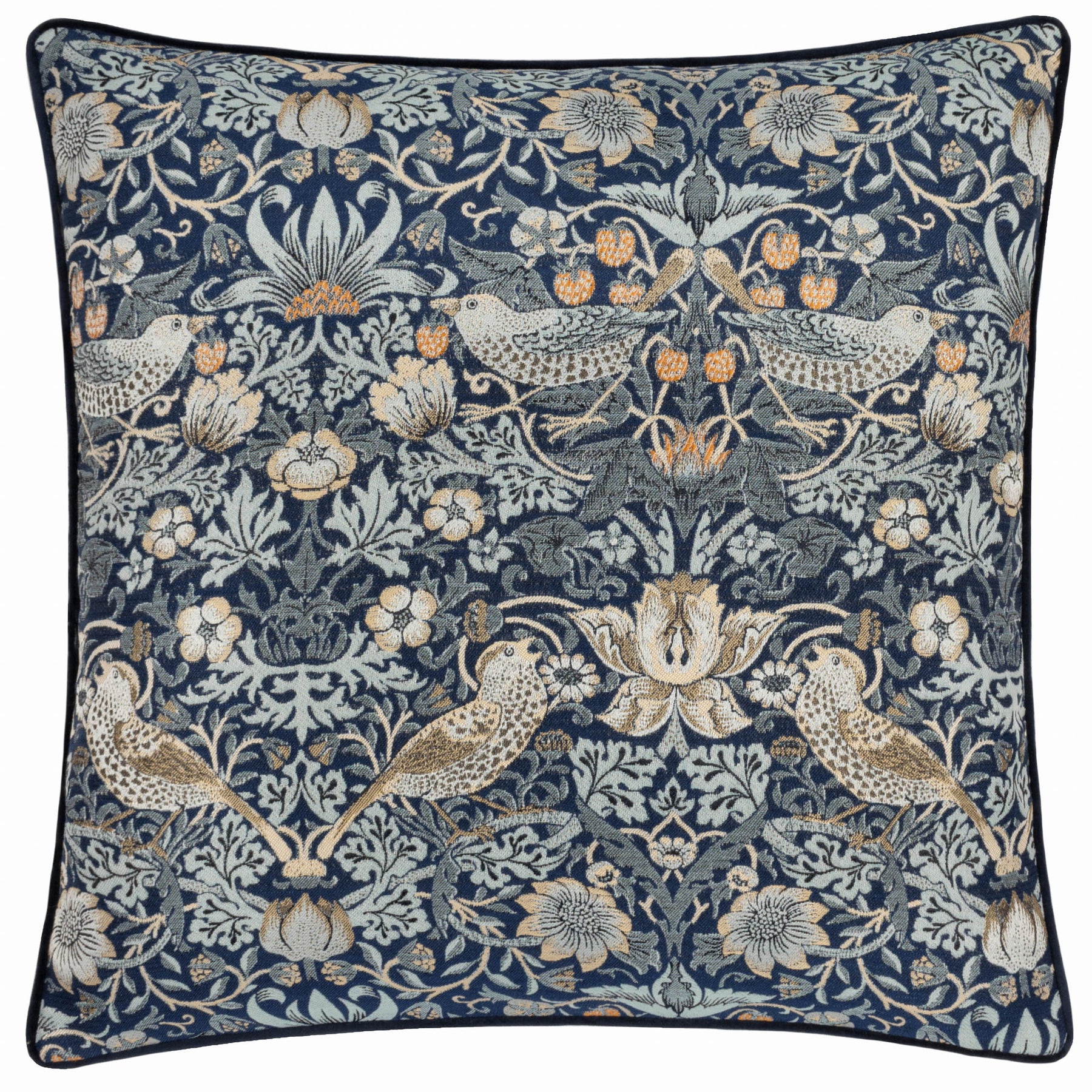 Morris & Co. Strawberry Thief Piped Jacquard 55cm x 55cm Filled Cushion Indigo