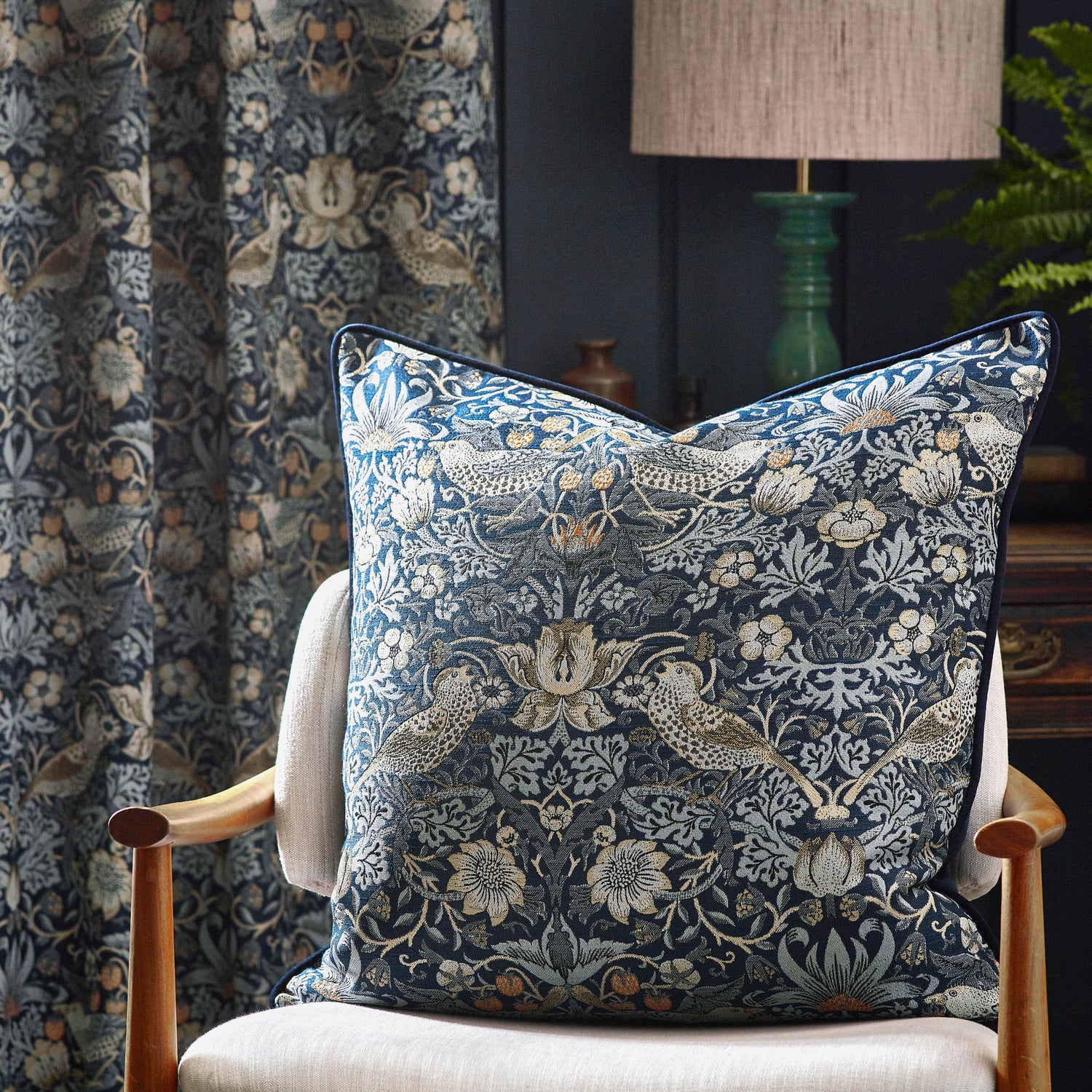 Morris & Co. Strawberry Thief Piped Jacquard 55cm x 55cm Filled Cushion Indigo