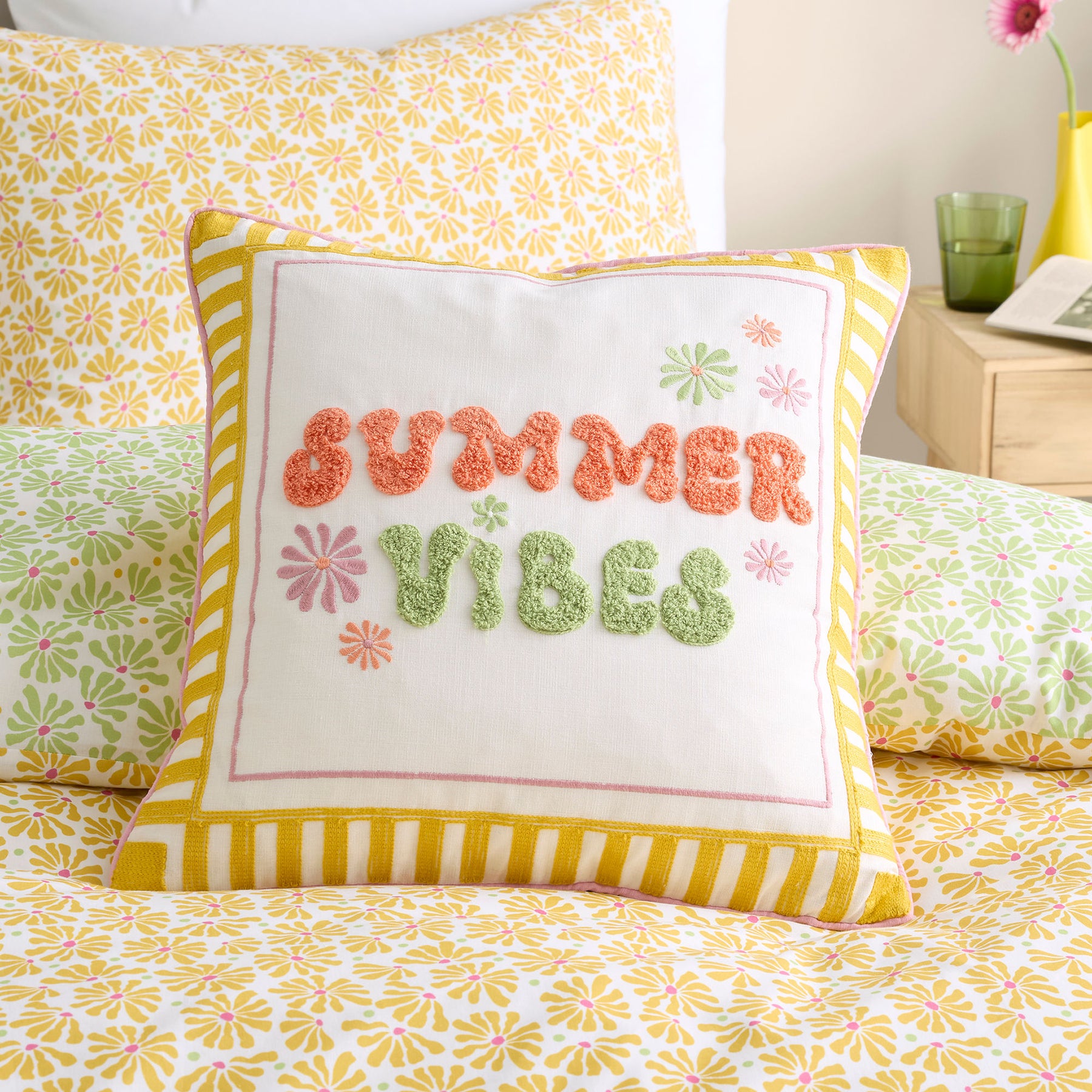 Fusion Summer Vibes Slogan Embroidered 43cm x 43cm Filled Cushion Multi