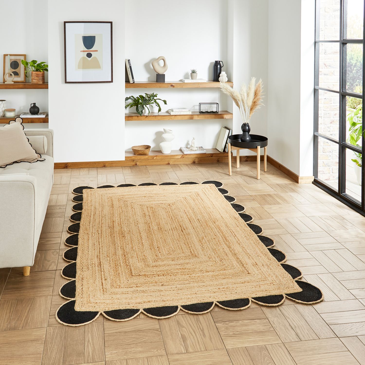 Savannah Black Scallop Jute Natural Material Rug Black Jute