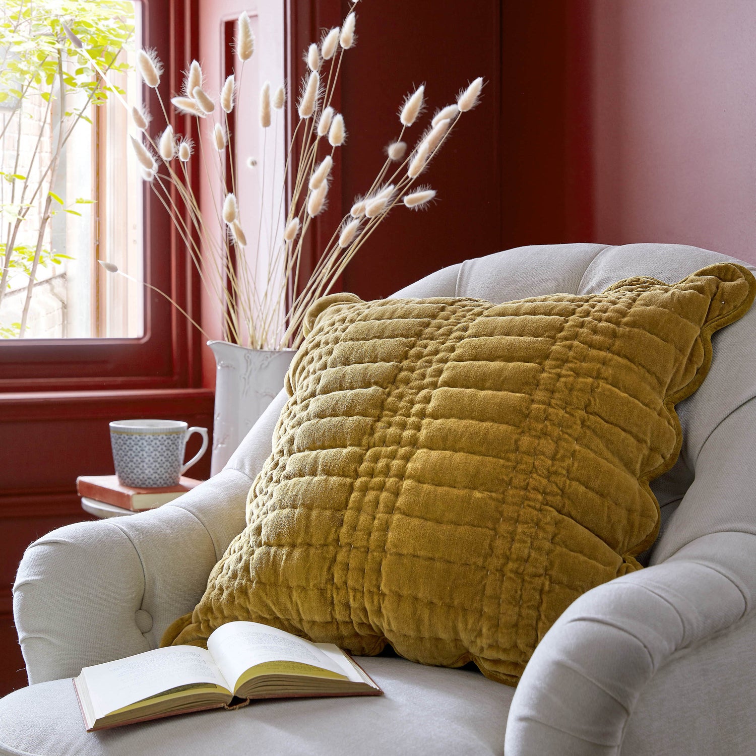 Laura Ashley Brady Scalloped 45cm x 45cm Filled Cushion Ochre Yellow