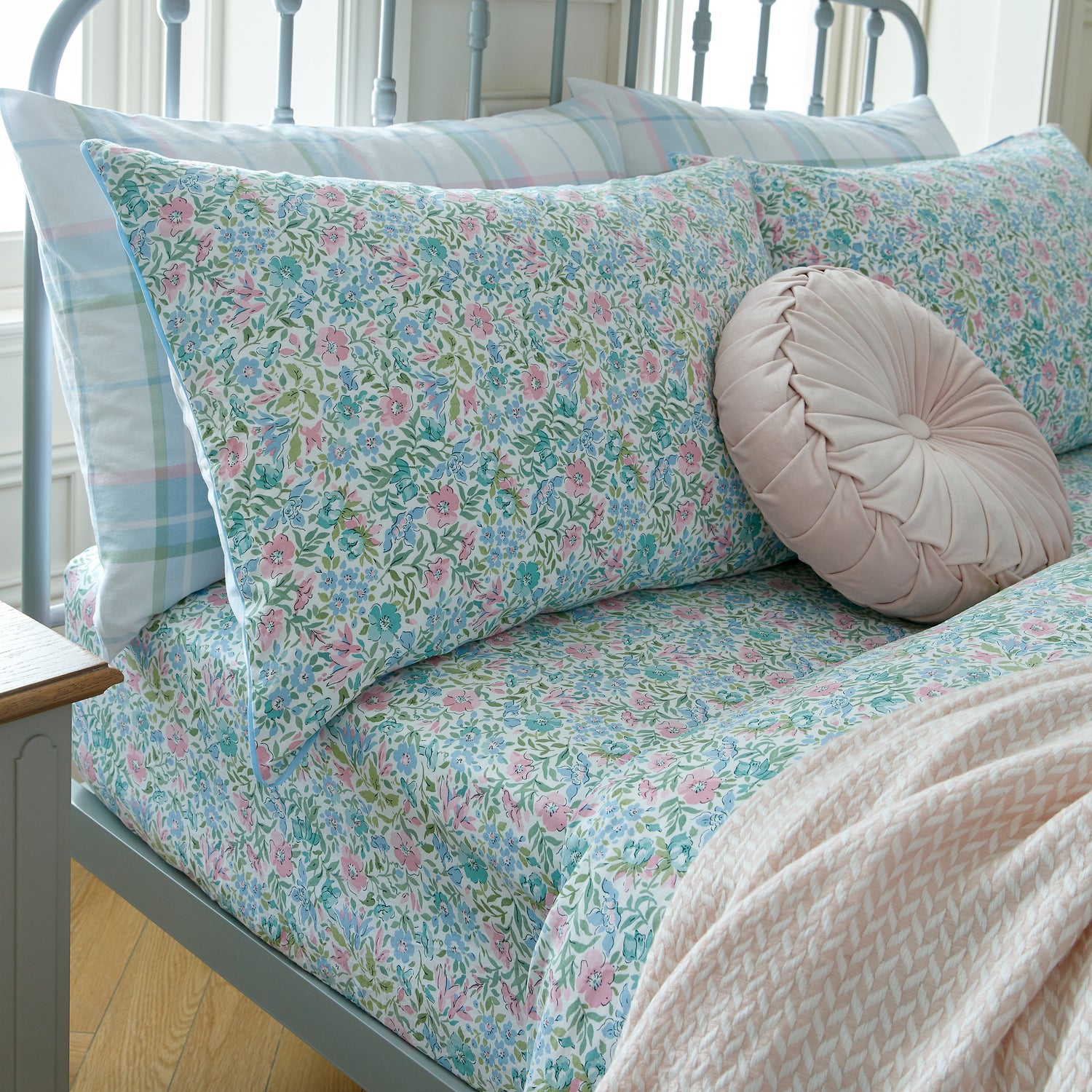 Laura Ashley Sherston Floral Bed Linen Fitted Sheet Powder Blue