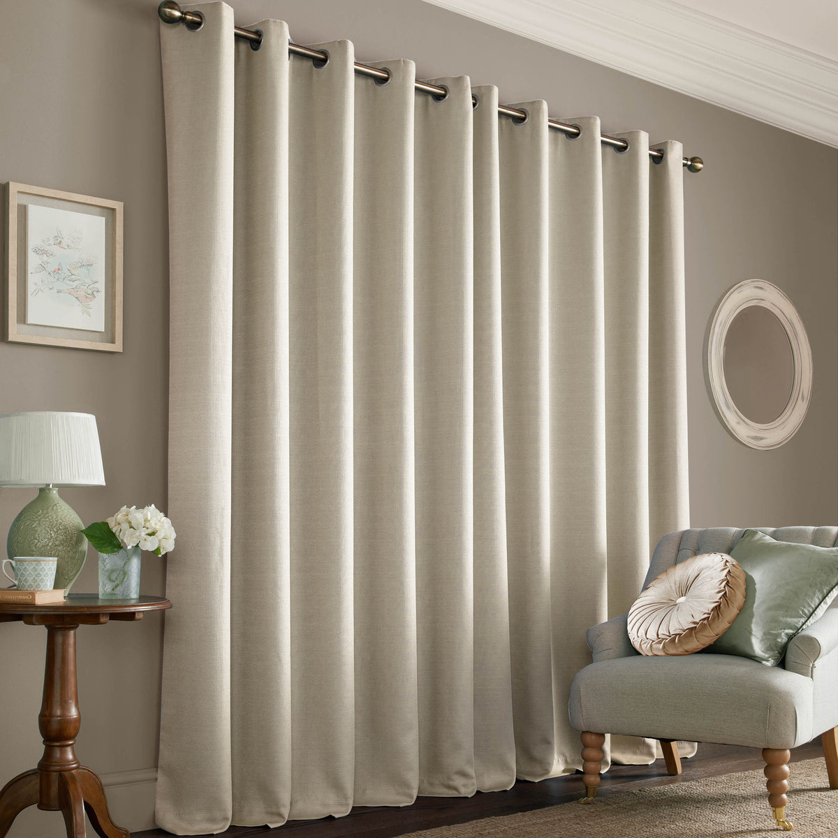Laura Ashley Stephanie Ready Made Eyelet Blackout Curtains Linen Natural