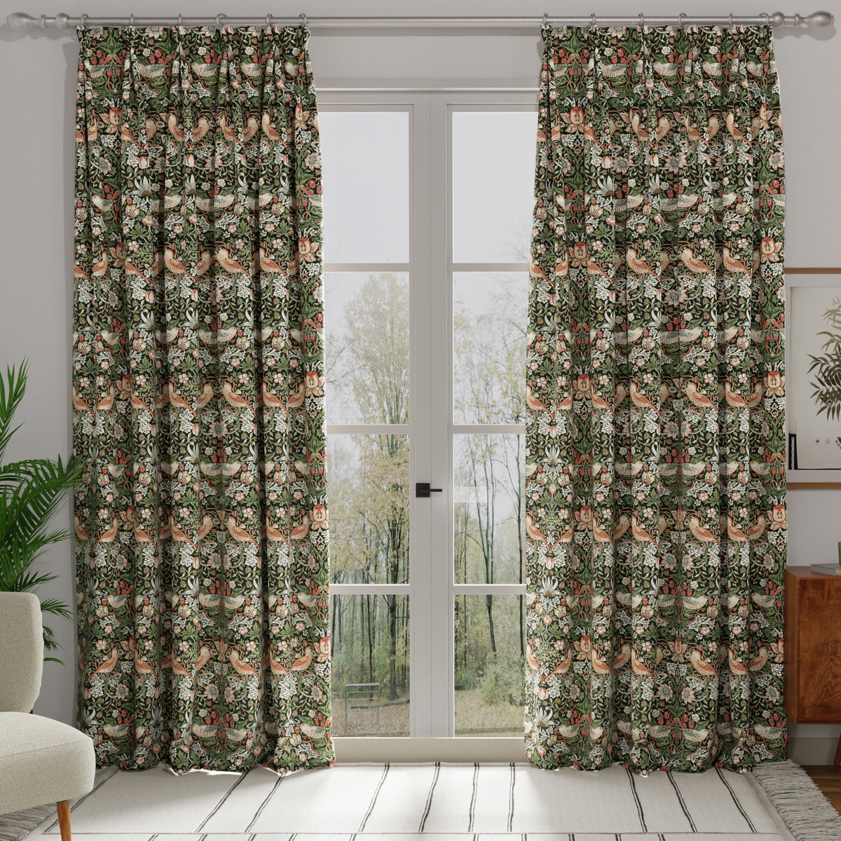William Morris Strawberry Thief Made to Measure Curtain Green