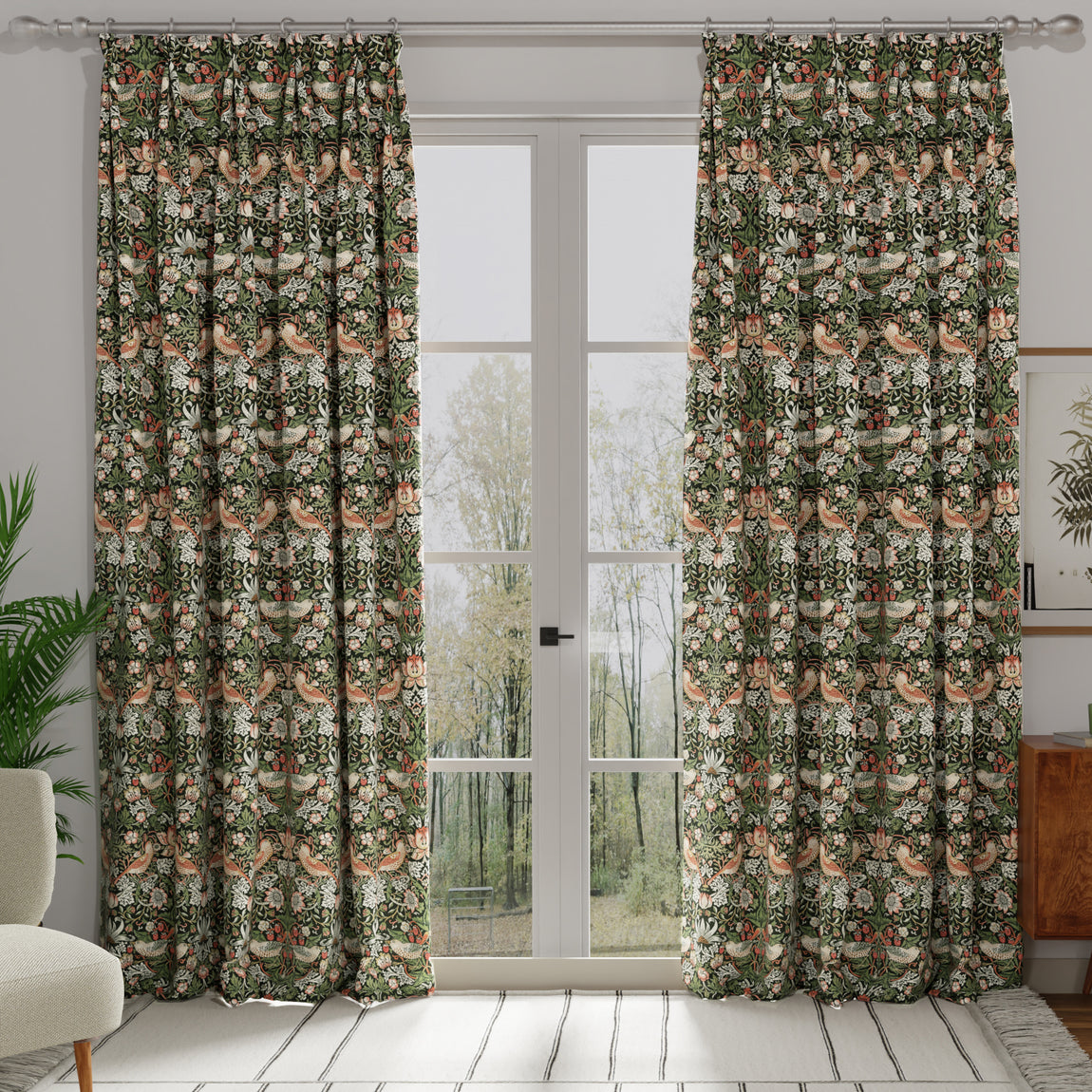 William Morris Strawberry Thief Made to Measure Curtain Green