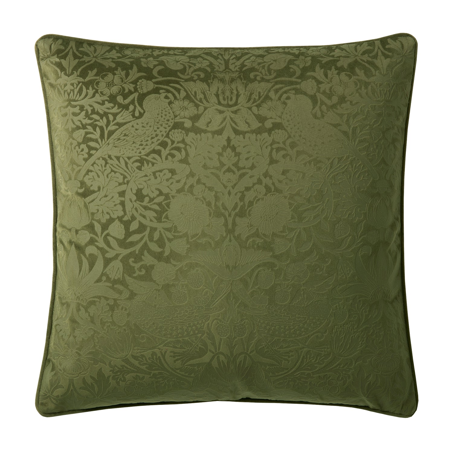 William Morris At Home Strawberry Thief Velvet Embossed 50cm x 50cm Filled Cushion Olive