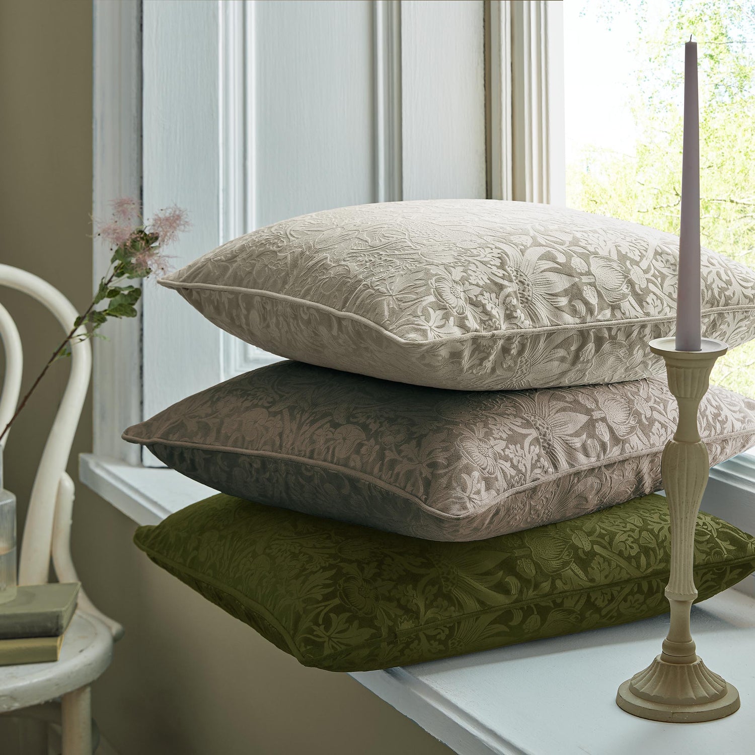 William Morris At Home Strawberry Thief Velvet Embossed 50cm x 50cm Filled Cushion Porcini