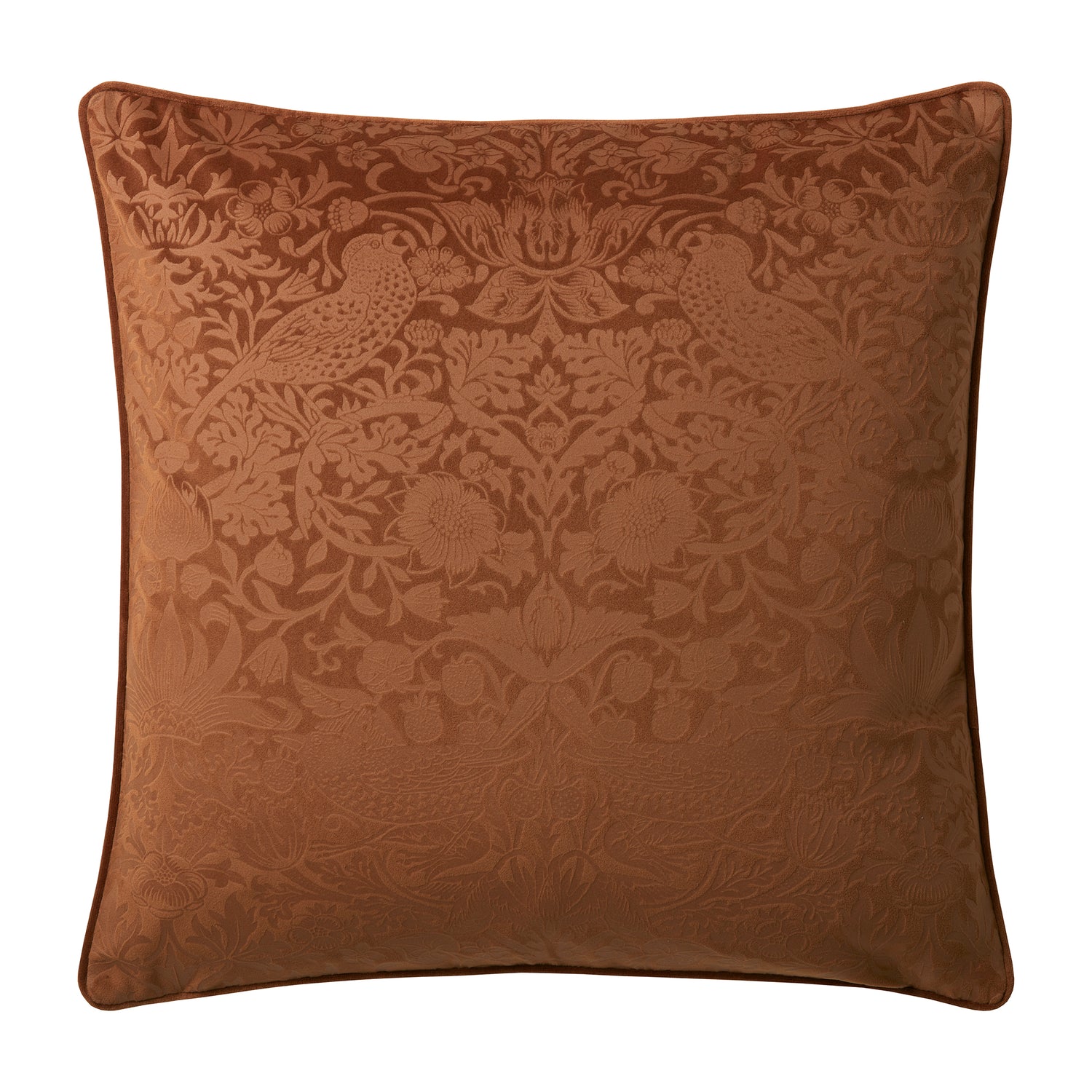 William Morris At Home Strawberry Thief Velvet Embossed 50cm x 50cm Filled Cushion Saffron