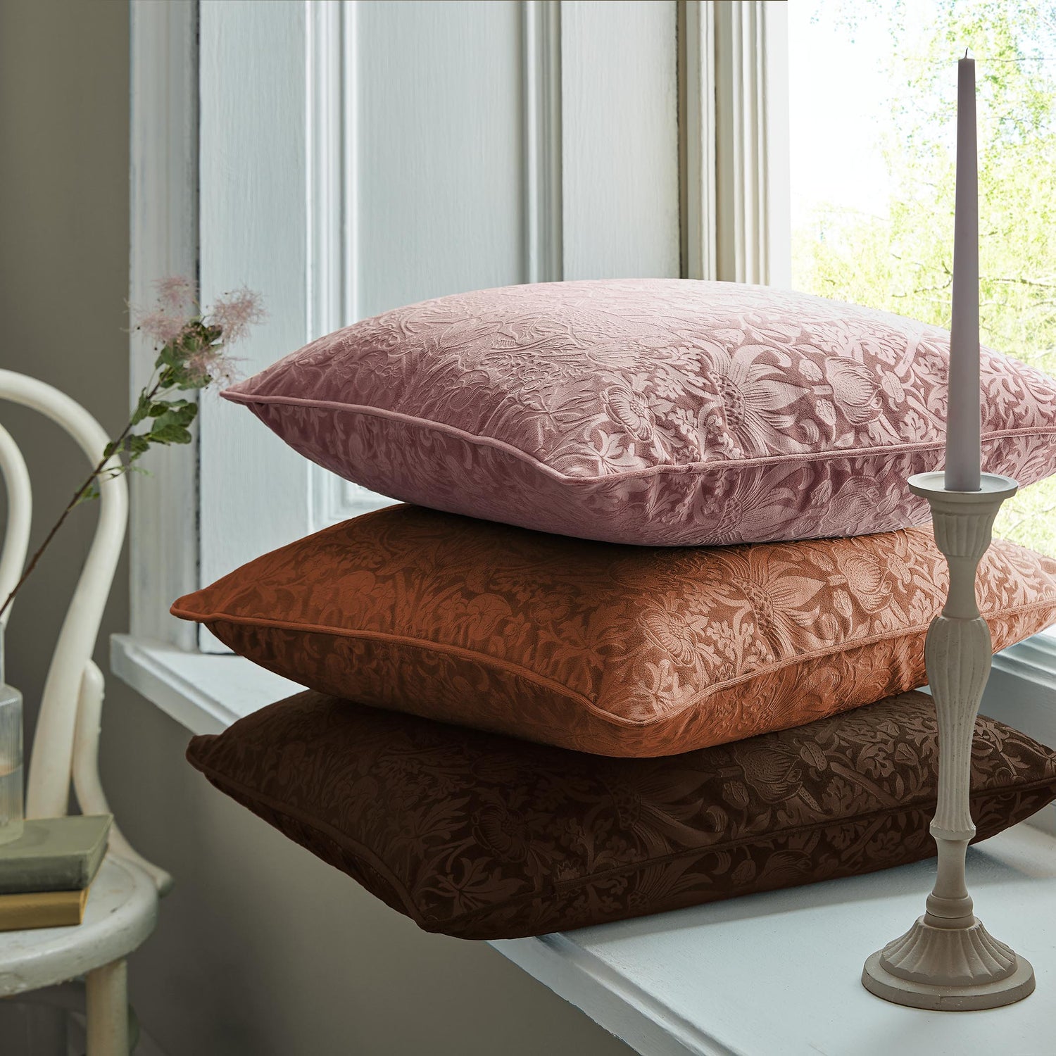 William Morris At Home Strawberry Thief Velvet Embossed 50cm x 50cm Filled Cushion Tea Rose