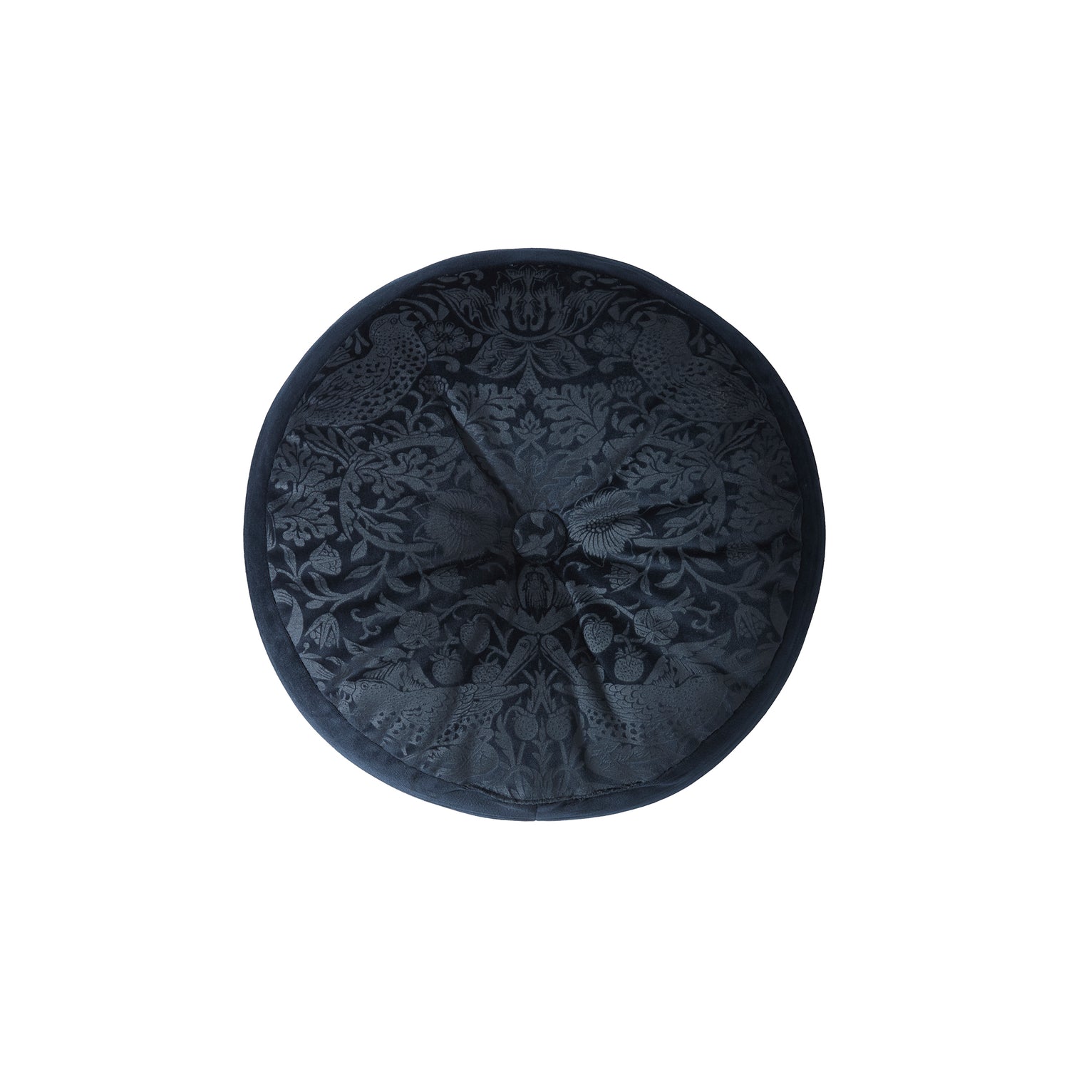 William Morris At Home Strawberry Thief Velvet Embossed 38cm Round Filled Cushion Prussian Blue