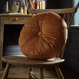 William Morris At Home Strawberry Thief Velvet Embossed 38cm Round Filled Cushion Saffron