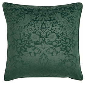 William Morris At Home Strawberry Thief Embossed 50cmx50cm Filled Cushion Forest Green