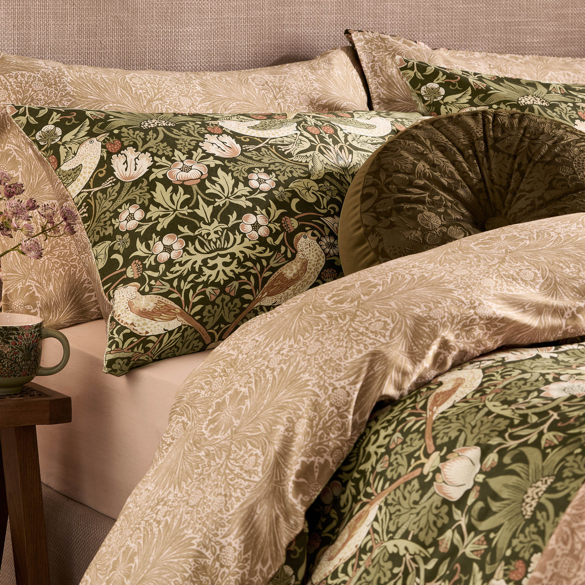 William Morris At Home Strawberry Thief Pillowcase Housewife Nettle