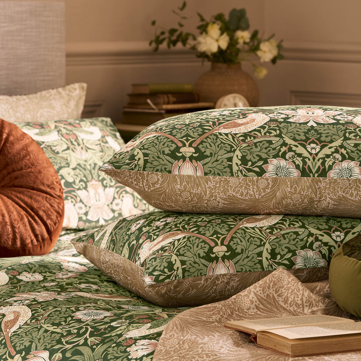 William Morris At Home Strawberry Thief Pillowcase Housewife Nettle
