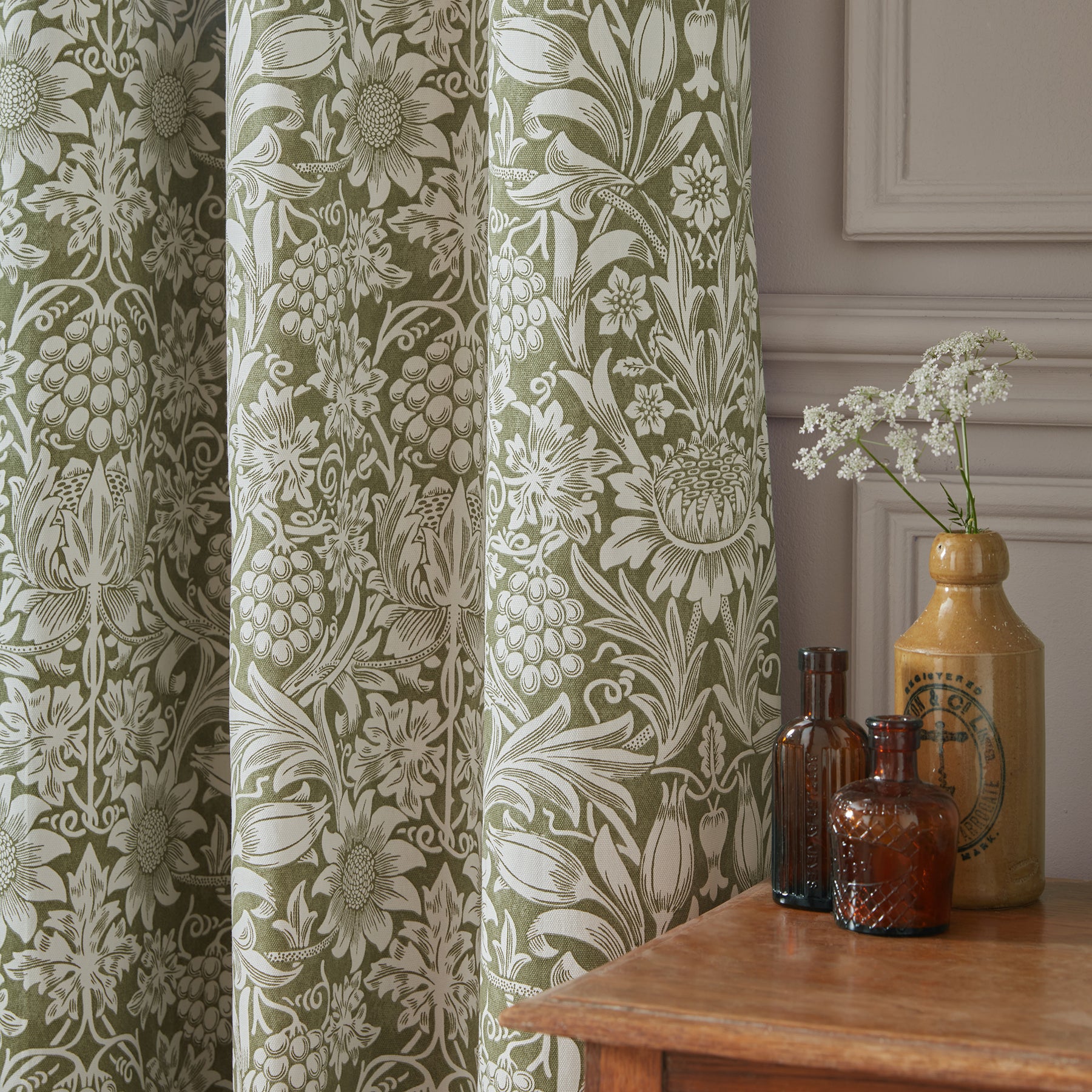 William Morris At Home Sunflower Ready Made Blackout Curtains Dark Olive