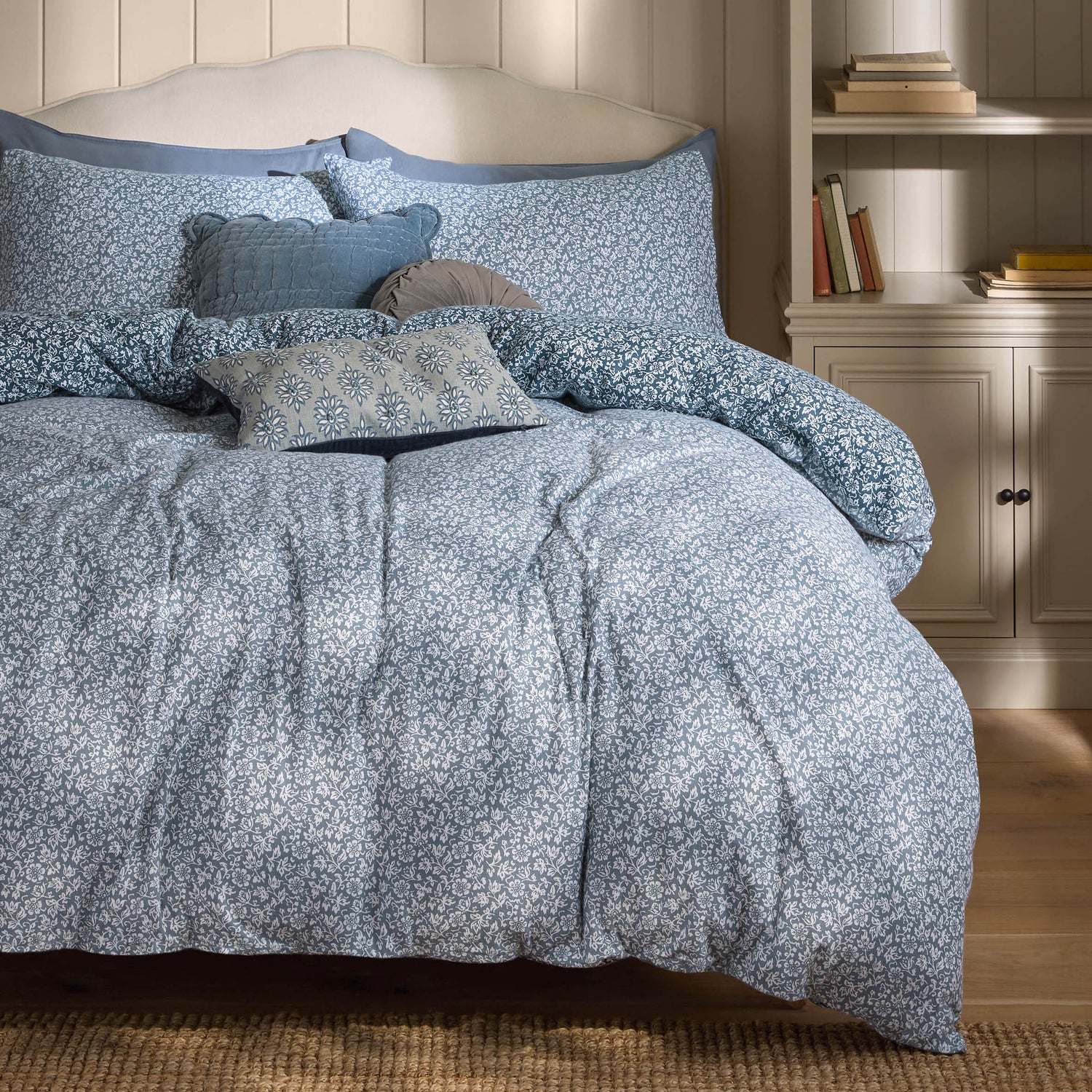 Laura Ashley Sweet Alyssum Brushed Cotton Duvet Cover Bedding Set Denim Blue