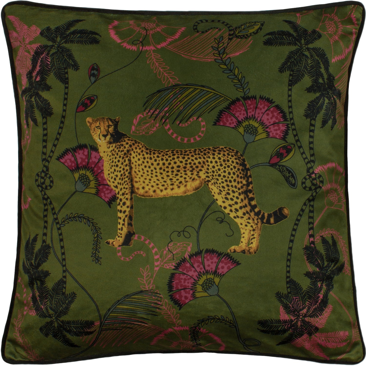 Tropical Cheetah Velvet Piped Filled Cushion 45cm x 45cm Khaki
