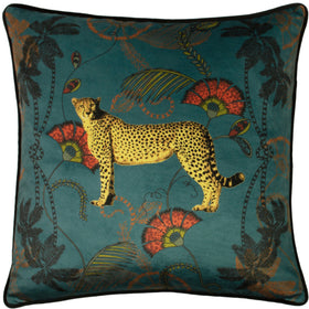 Tropical Cheetah Velvet Piped Filled Cushion 45cm x 45cm Teal