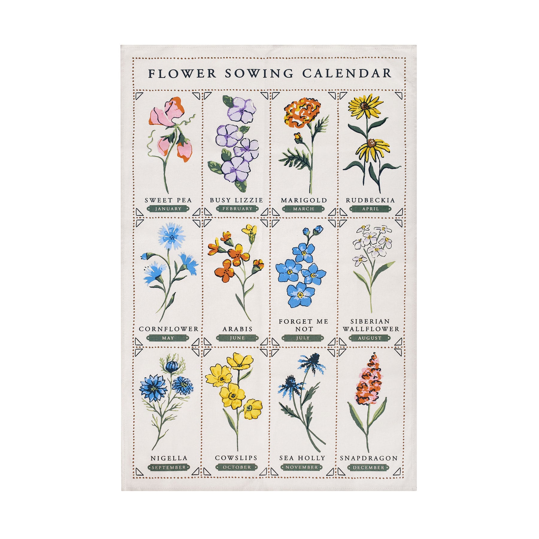 Ulster Weavers Time to Grow Sowing Calendar Cotton Tea Towel Green